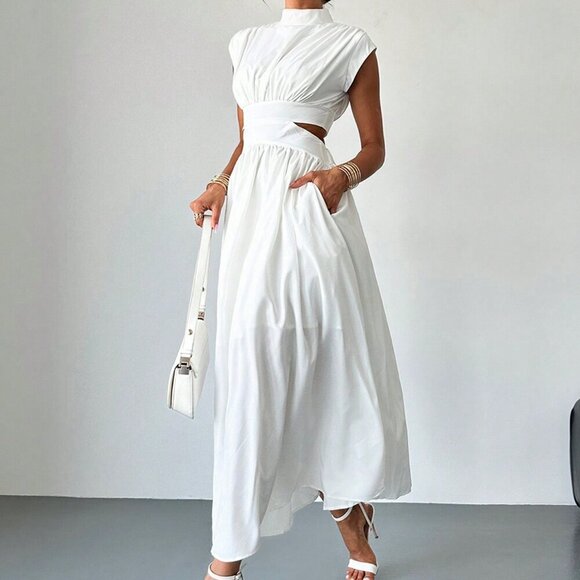 White Elegant Women's Hollow Pocket Cinched Waist Casual Midi Dress - Picture 7 of 7